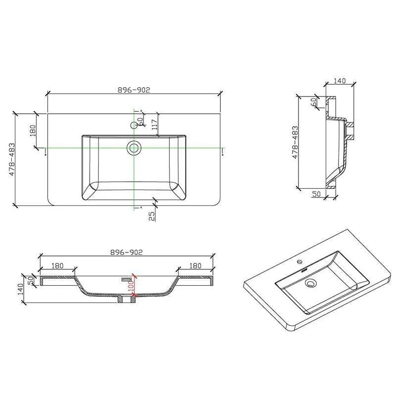 Waschtisch + Unterschrank 90cm, montiert, Eiche hell, PIACENZA