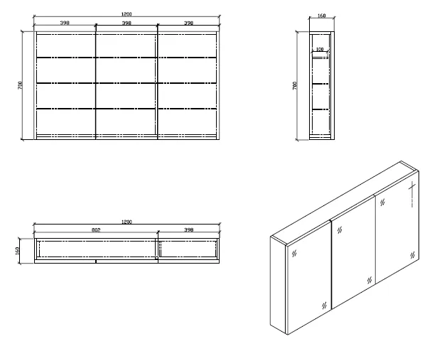 Spiegelschrank Bad, 120 cm, montiert, Eiche hell, SIENA