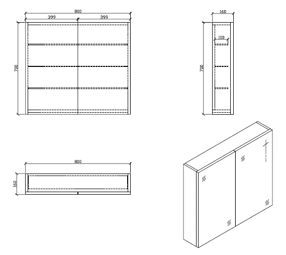 Spiegelschrank Bad, 80 cm, montiert, Hochglanz weiß, SIENA