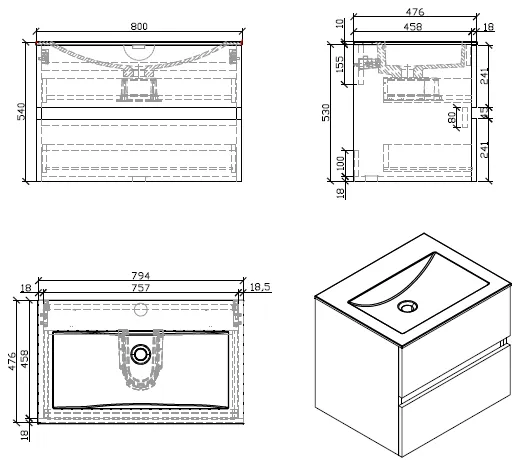 Waschtisch + Unterschrank 80cm, montiert, Eiche hell, SIENA