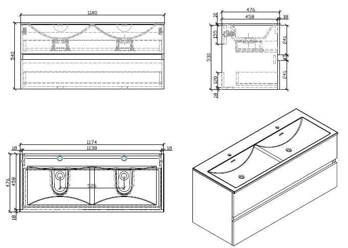 Doppelwaschtisch + Unterschrank 120 cm, montiert, Eiche hell, SIENA