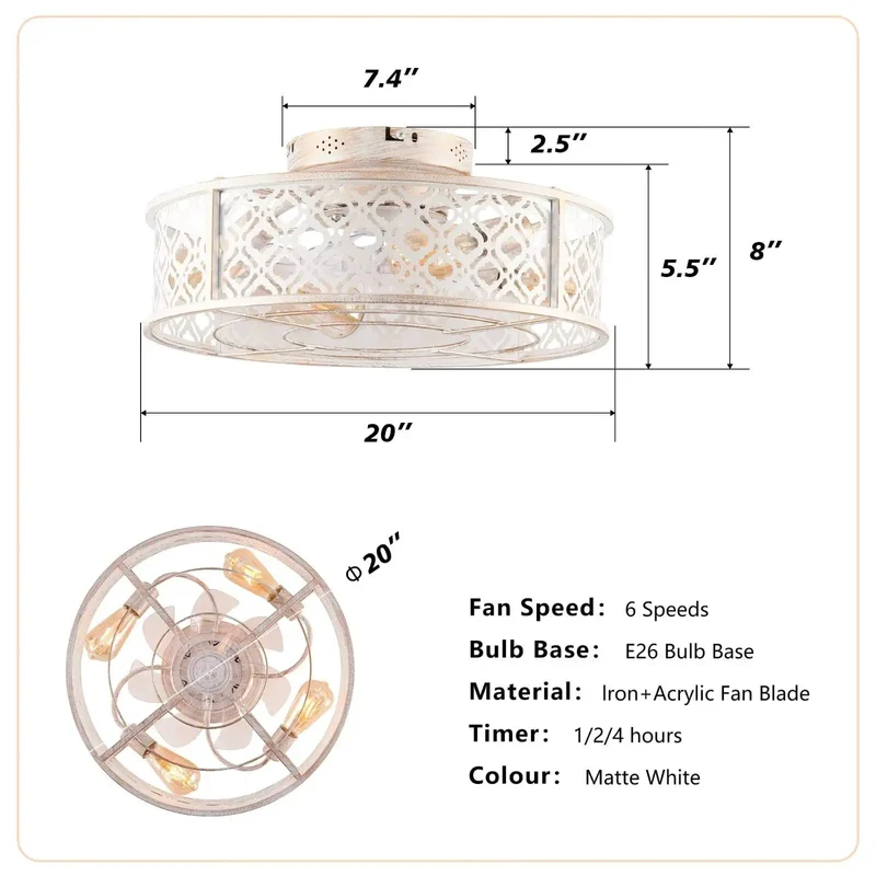 20 Inch Distressed White Retro Caged Ceiling Fan With Remote Flush Mount Hugger Low Profile Quiet Dc Motor Easy Breezy Zero Hassle Installation Sweet Bedroom Glow Four E26 Socket