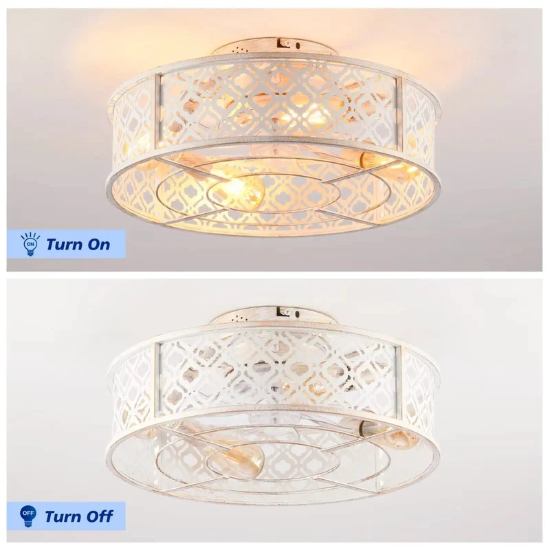 20 Inch Distressed White Retro Caged Ceiling Fan With Remote Flush Mount Hugger Low Profile Quiet Dc Motor Easy Breezy Zero Hassle Installation Sweet Bedroom Glow Four E26 Socket