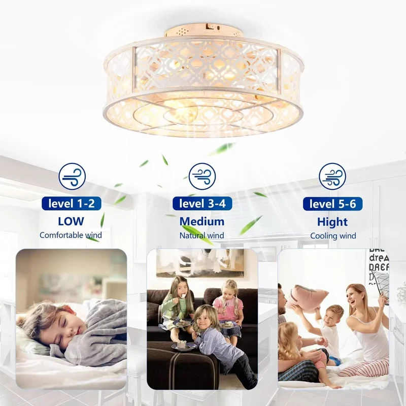 20 Inch Distressed White Retro Caged Ceiling Fan With Remote Flush Mount Hugger Low Profile Quiet Dc Motor Easy Breezy Zero Hassle Installation Sweet Bedroom Glow Four E26 Socket