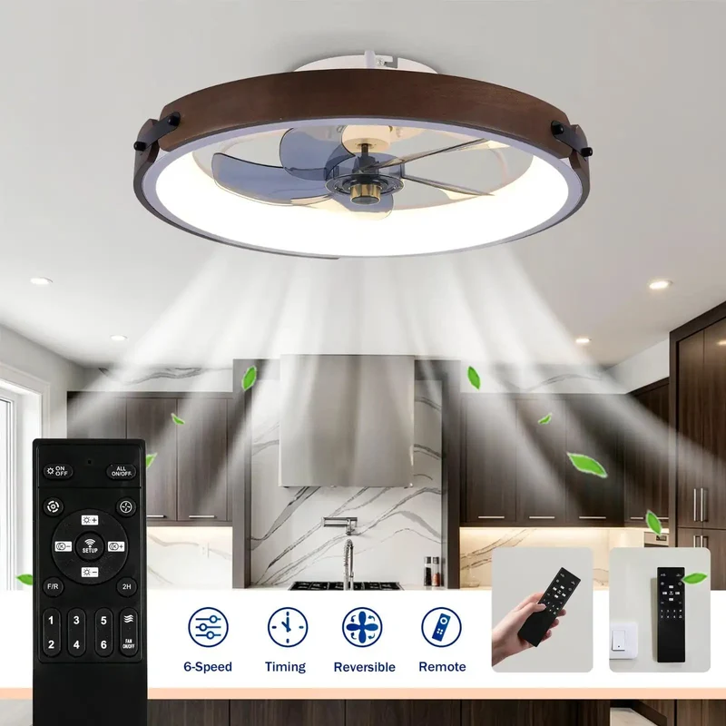 20-Inch Walnut Flush Mount Ceiling Fan With Slim Low Clearance Frame, Dead Silent Dc Motor, Reversible Wind Flow, Three Bright Premium Led Shades, And Zero Drama Wireless Remote Setup