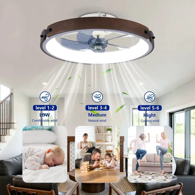 20-Inch Walnut Flush Mount Ceiling Fan With Slim Low Clearance Frame, Dead Silent Dc Motor, Reversible Wind Flow, Three Bright Premium Led Shades, And Zero Drama Wireless Remote Setup