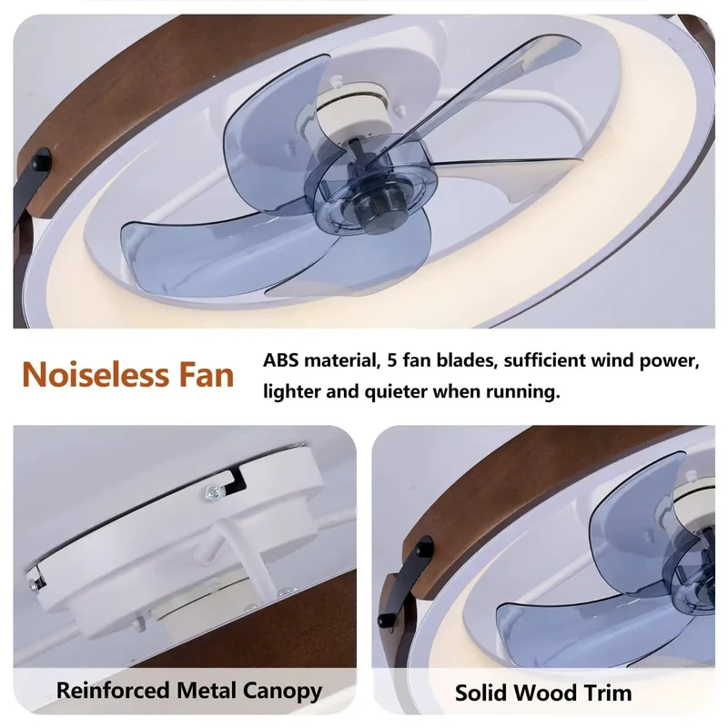 20-Inch Walnut Flush Mount Ceiling Fan With Slim Low Clearance Frame, Dead Silent Dc Motor, Reversible Wind Flow, Three Bright Premium Led Shades, And Zero Drama Wireless Remote Setup