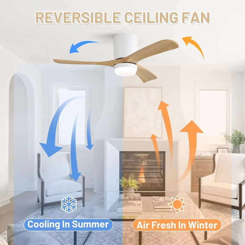 Slick 42 Inch Low Profile Ceiling Fan With Matte White Trim And Natural Wood Blades Flush Mount Hugger Design Run Smooth Reversible DC Motor Handy Remote Plus Lock In Timer And Vivid Dimmable Led Room Glow