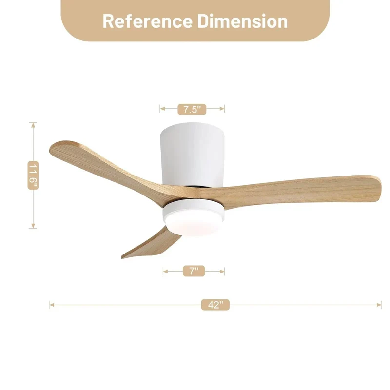 Slick 42 Inch Low Profile Ceiling Fan With Matte White Trim And Natural Wood Blades Flush Mount Hugger Design Run Smooth Reversible DC Motor Handy Remote Plus Lock In Timer And Vivid Dimmable Led Room Glow