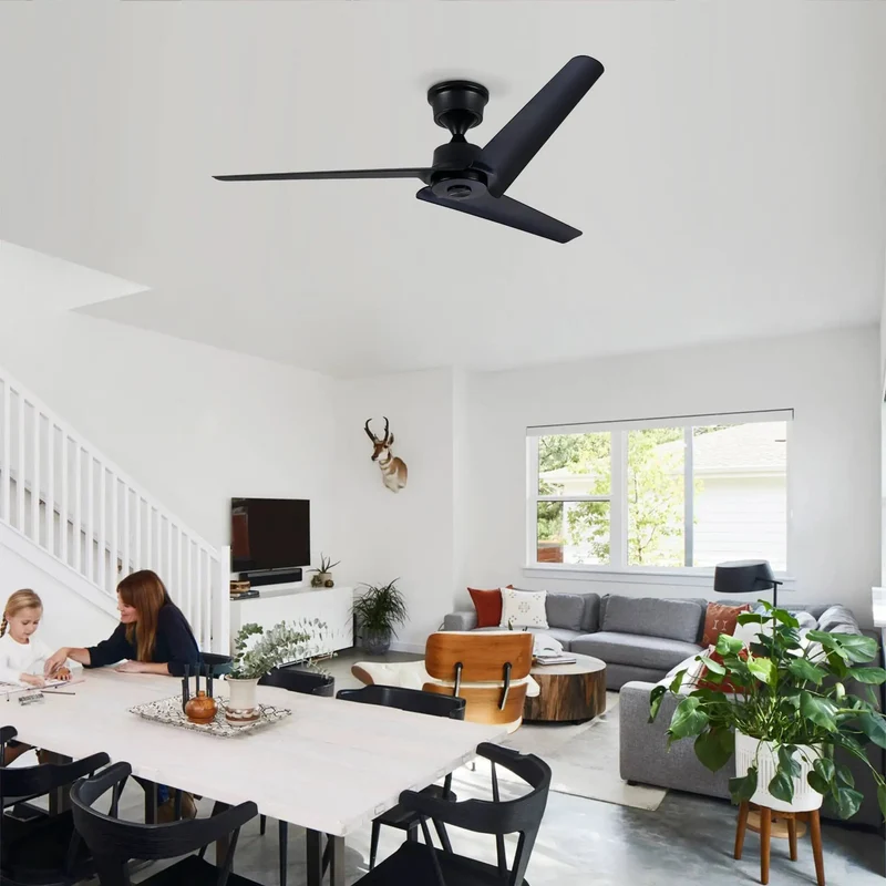 Modern 52 Inch Flush Mount Ceiling Fan With Reversible DC Motor And Wireless Remote Featuring Three Matte Black ABS Blades For A Super Chill Living Room Vibe