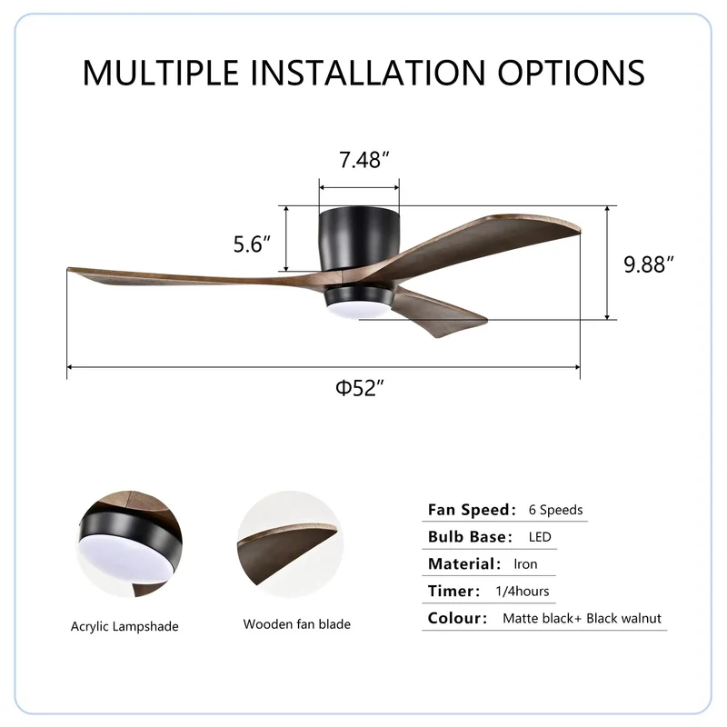 Smooth As Butter 52 Inch Flush Mount Ceiling Fan With Real Wood Blades Integrated Lighting Hella Quiet Dc Motor Six Speeds Wireless Remote And Reversible Airflow Matte Black Finish