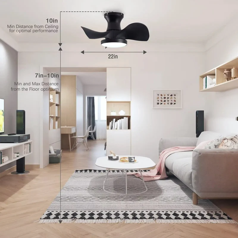 Smooth Twenty Two Inch Matte Black Ceiling Fan With Dead Quiet DC Motor And Darn Handy Remote Control Three Way Led Lighting Reversible Blades No Drama Flush Mount For Chill Bedrooms And Tight Kitchens Or Baths