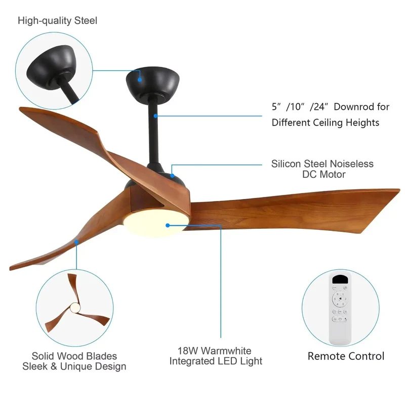 52 Inch Farmhouse Ceiling Fan With Hand Carved Wood Blades And Sweet Dimmable Led Lighting Driven By Dead Silent Dc Motor Delivering Killer Cooling Airflow With Smooth Remote Control And Rock Solid Build For Medium Large Rooms