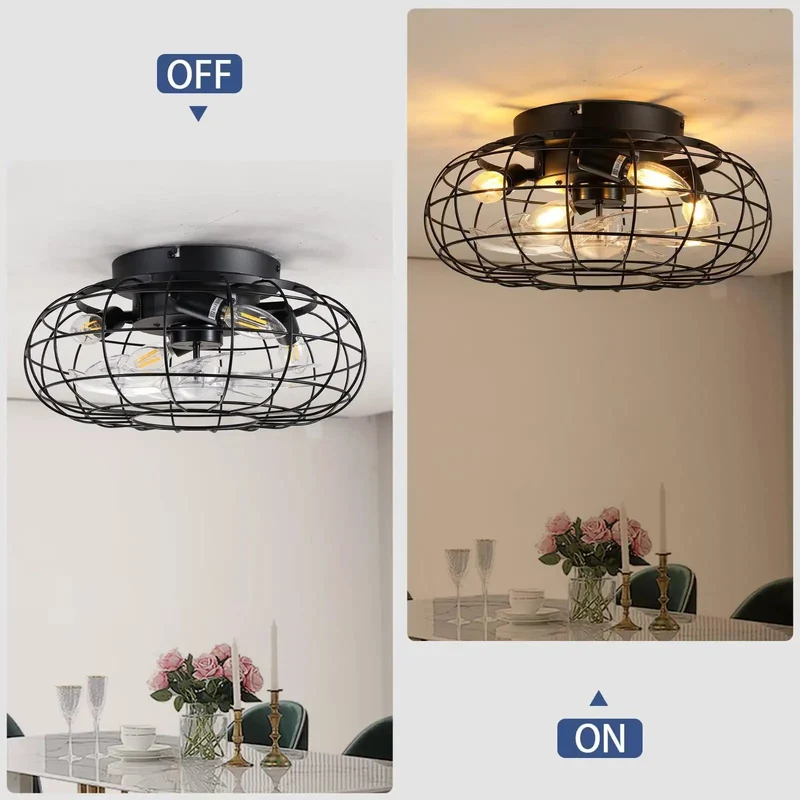 15 Point 7 Inch Flush Mount Cage Ceiling Fan With Built In Glow, Industrial Matte Black Wire Build, Reversible Dc Motor With Smart Remote, No Fuss Setup And Top Shelf Performance For Bedroom Kitchen