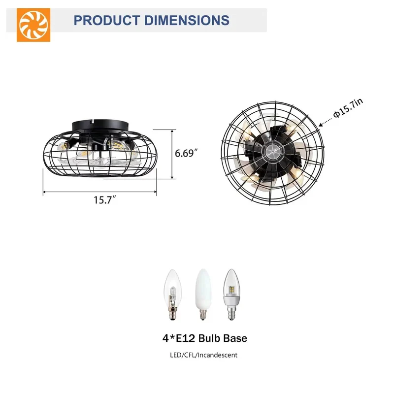 15 Point 7 Inch Flush Mount Cage Ceiling Fan With Built In Glow, Industrial Matte Black Wire Build, Reversible Dc Motor With Smart Remote, No Fuss Setup And Top Shelf Performance For Bedroom Kitchen