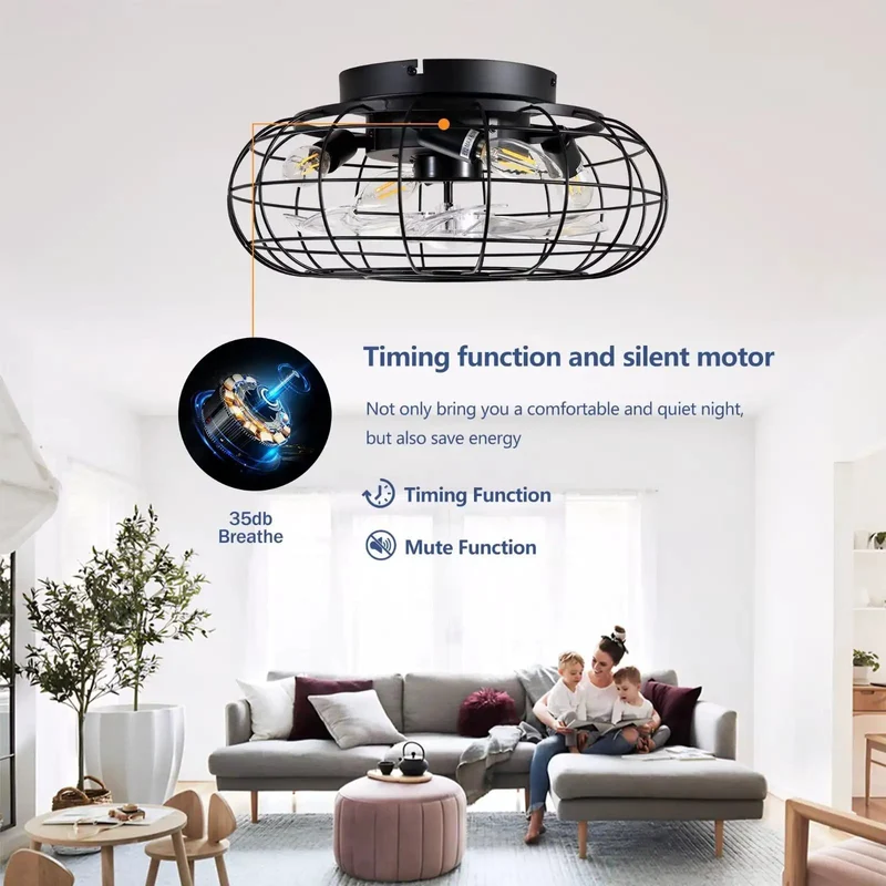15 Point 7 Inch Flush Mount Cage Ceiling Fan With Built In Glow, Industrial Matte Black Wire Build, Reversible Dc Motor With Smart Remote, No Fuss Setup And Top Shelf Performance For Bedroom Kitchen