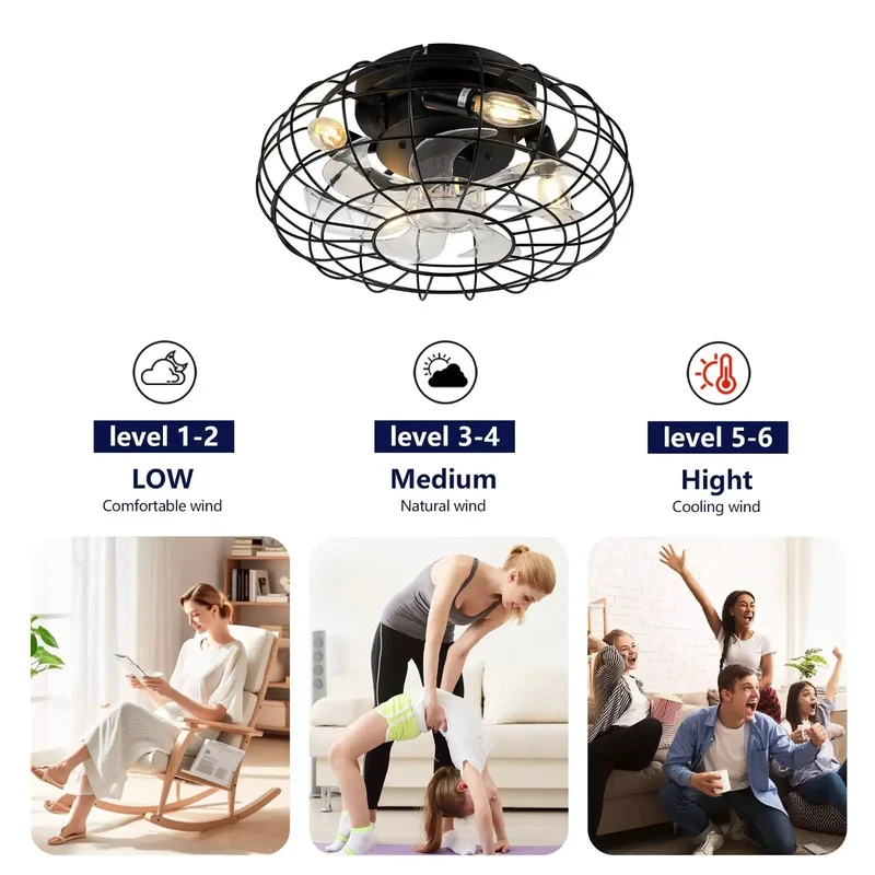 15 Point 7 Inch Flush Mount Cage Ceiling Fan With Built In Glow, Industrial Matte Black Wire Build, Reversible Dc Motor With Smart Remote, No Fuss Setup And Top Shelf Performance For Bedroom Kitchen