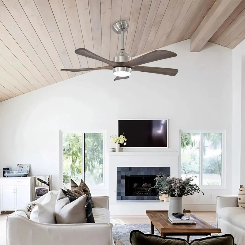 42 Inch Ceiling Fan With Remote Control And Bright Light Pairs Solid Sycamore Wood Blades With A Sharp Nickel Build To Bring Fresh Airflow And Chill Vibes Through Six Speed Levels And Reversible Motor Functionality