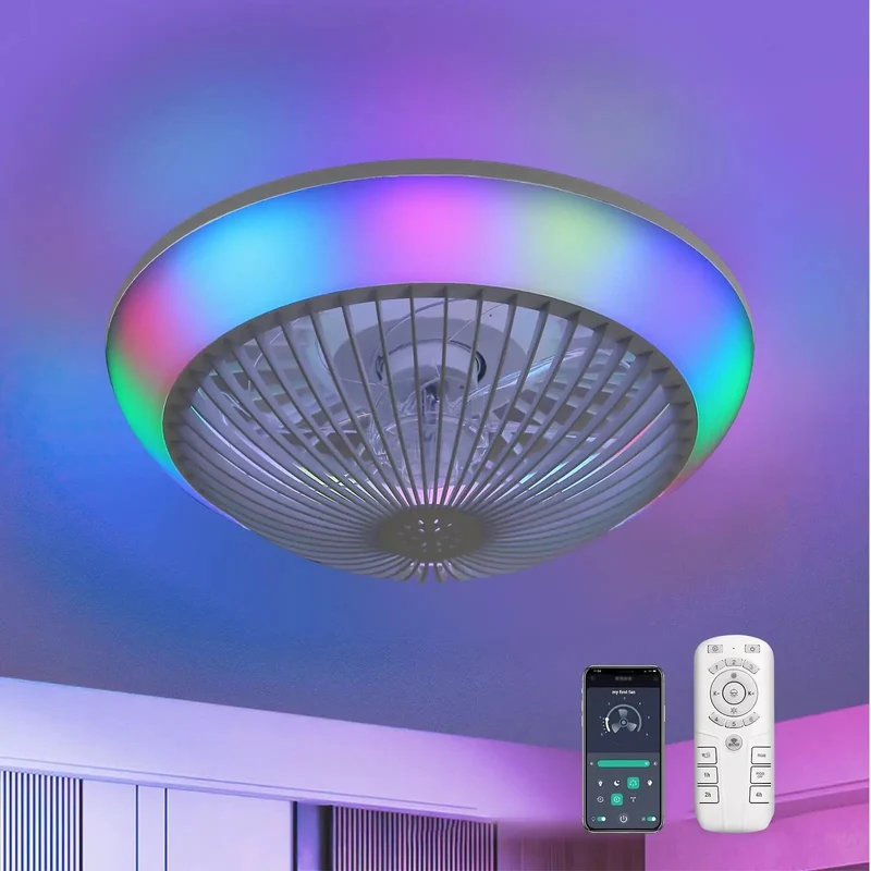 15 Inch Bladeless Ceiling Fan With Fly Flush Mount Look And Sick Rgb Led Atmosphere Support Six Speed Reversible Function Plus Silent Motor And Handy Remote Great For Bedroom Or Hangout Spot Bringing Clean Air And Dope Vibes Daily.