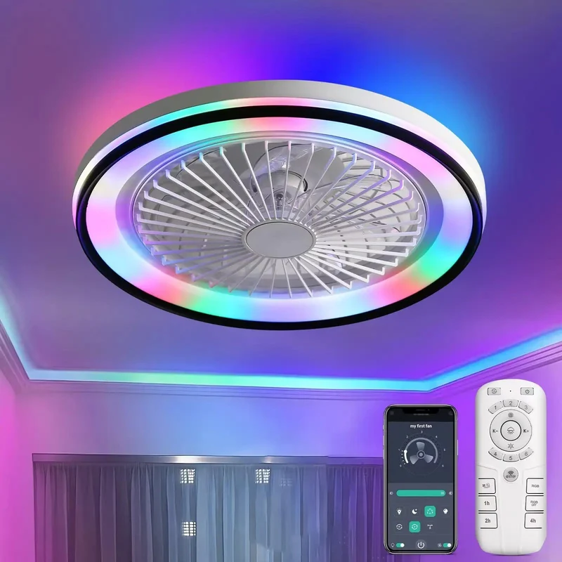 19 Inch Enclosed Bladeless Flush Mount Ceiling Fan Featuring Smooth Six Speed Reversible Airflow Hella Quiet Operation With Stepless Dimming And Rgb Mood Lighting Remote Control For Chill Indoor Rooms