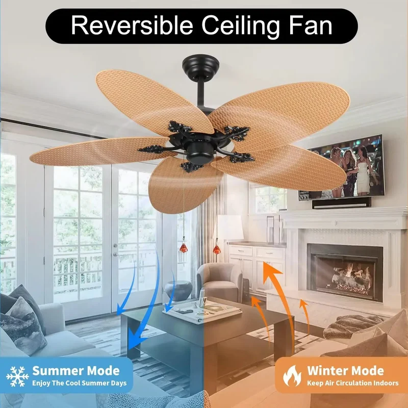 52 Inch Tropical Palm Leaf Ceiling Fan No Light 5 Hand Woven Rattan Blades Reversible Whisper Quiet DC Motor Remote Control Pull Chain Dual Mount Indoor Bedroom Coastal Farmhouse Boho Beach Vibe Super Chill Style All Day Long