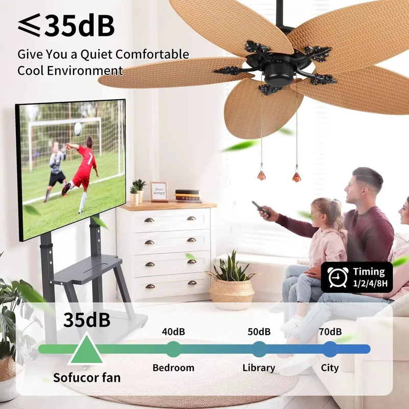 52 Inch Tropical Palm Leaf Ceiling Fan No Light 5 Hand Woven Rattan Blades Reversible Whisper Quiet DC Motor Remote Control Pull Chain Dual Mount Indoor Bedroom Coastal Farmhouse Boho Beach Vibe Super Chill Style All Day Long