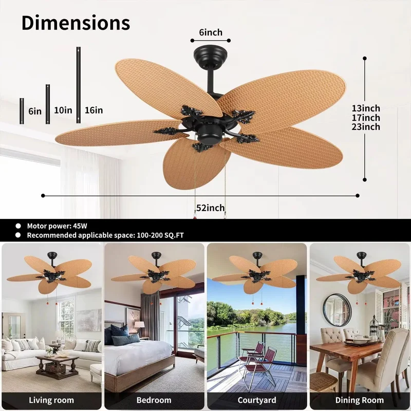 52 Inch Tropical Palm Leaf Ceiling Fan No Light 5 Hand Woven Rattan Blades Reversible Whisper Quiet DC Motor Remote Control Pull Chain Dual Mount Indoor Bedroom Coastal Farmhouse Boho Beach Vibe Super Chill Style All Day Long