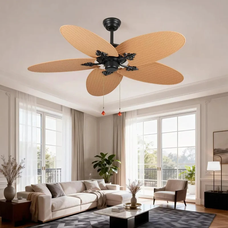 52 Inch Tropical Palm Leaf Ceiling Fan No Light 5 Hand Woven Rattan Blades Reversible Whisper Quiet DC Motor Remote Control Pull Chain Dual Mount Indoor Bedroom Coastal Farmhouse Boho Beach Vibe Super Chill Style All Day Long