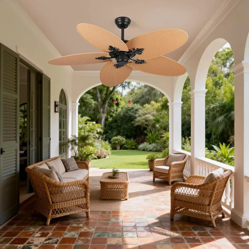 52 Inch Tropical Palm Leaf Ceiling Fan No Light 5 Hand Woven Rattan Blades Reversible Whisper Quiet DC Motor Remote Control Pull Chain Dual Mount Indoor Bedroom Coastal Farmhouse Boho Beach Vibe Super Chill Style All Day Long