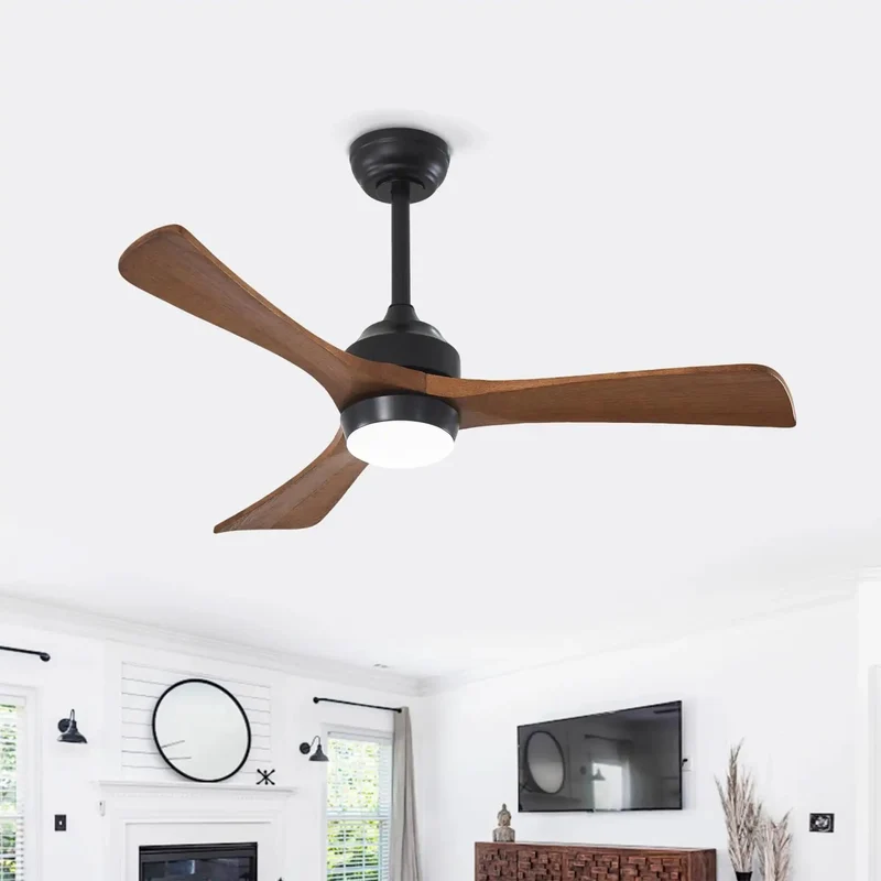 42 Inch Indoor Ceiling Fan Crafted From Solid Wood Blades And Sturdy Metal Frame To Set A Chill Vibe Featuring Six Speed Levels Memory Function And Reversible Rotation For Effortless Airflow And Easy Installation In Living Rooms Or Bedrooms