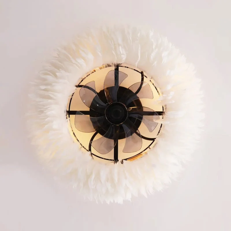 20 Inch Feather Flush Mount Ceiling Fan With Remote, 6 Speed Reversible DC Motor Light Combo, Low Profile Cloud Style Chandelier For Bedroom, Straight Up Stunning Decor That Hits Different