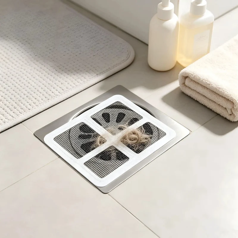 Self Adhesive Hair Catcher 100 Pack Game Changer Shower Drain Protector Dense Mesh Filter Stops Pipe Clogs Fast Easy Peel Stick Ultra Durable Plastic Material