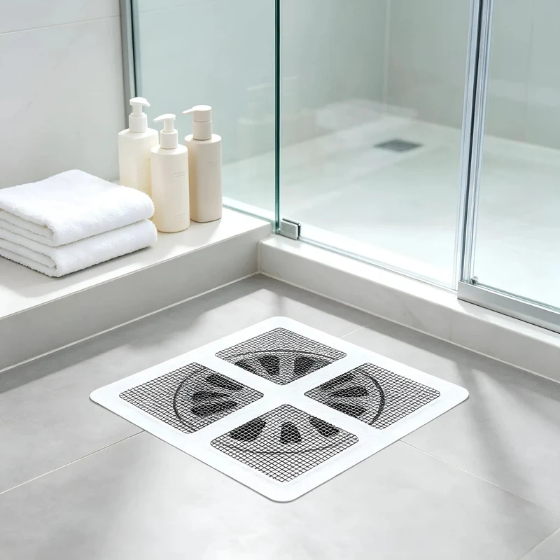 Self Adhesive Hair Catcher 100 Pack Game Changer Shower Drain Protector Dense Mesh Filter Stops Pipe Clogs Fast Easy Peel Stick Ultra Durable Plastic Material
