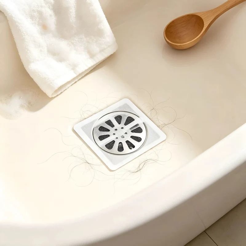 Self Adhesive Hair Catcher 100 Pack Game Changer Shower Drain Protector Dense Mesh Filter Stops Pipe Clogs Fast Easy Peel Stick Ultra Durable Plastic Material