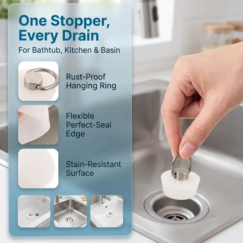White Silicone Sink Drain Stopper With Stainless Steel Pull Ring For Fast Basin And Tub Use Easy Grip Makes Catching Or Draining Water A Total Breeze While The Sweet Slim Setup Hangs Nearby So You Never Lose It During Daily Tasks