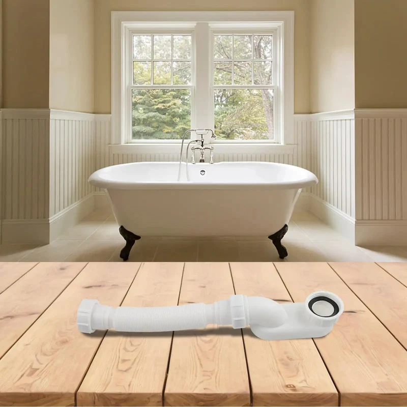 Flexible Rubber Low Profile P Trap With G1-1/2 Threaded Ends For Bathtub Drainage No Sweat Quick Install Swap Saves Precious Cabinet Space Fits Comfortably Inside