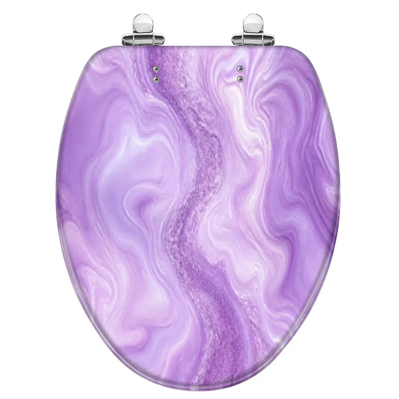 Hella Sturdy Elongated Toilet Seat With Sick Purple Liquid Marble Watercolor Glitter Look And Rugged Resin Body For Quiet Soft Close Action That Truly Holds Up Great