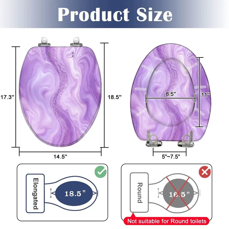 Hella Sturdy Elongated Toilet Seat With Sick Purple Liquid Marble Watercolor Glitter Look And Rugged Resin Body For Quiet Soft Close Action That Truly Holds Up Great