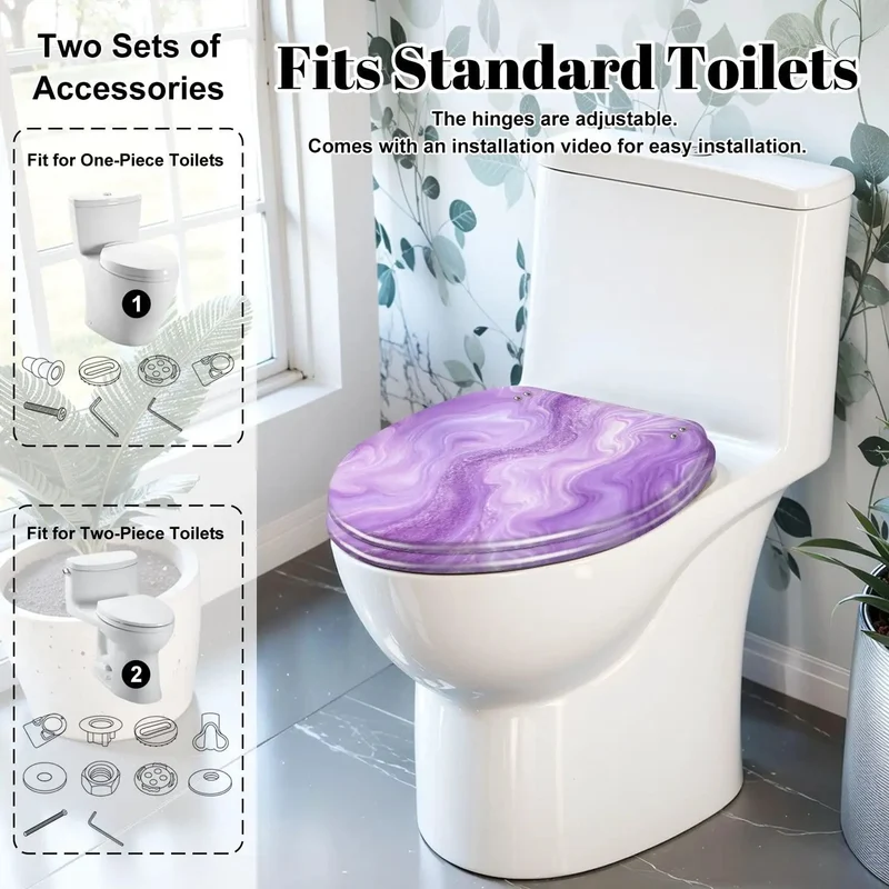 Hella Sturdy Elongated Toilet Seat With Sick Purple Liquid Marble Watercolor Glitter Look And Rugged Resin Body For Quiet Soft Close Action That Truly Holds Up Great