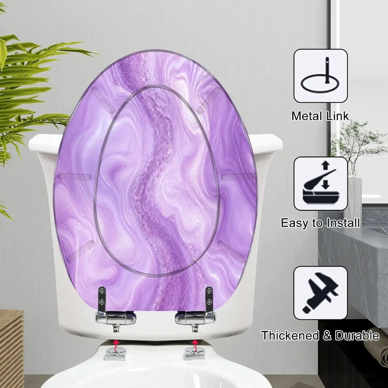 Hella Sturdy Elongated Toilet Seat With Sick Purple Liquid Marble Watercolor Glitter Look And Rugged Resin Body For Quiet Soft Close Action That Truly Holds Up Great