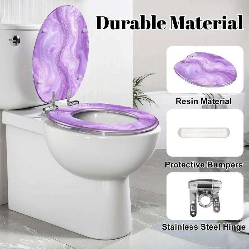 Hella Sturdy Elongated Toilet Seat With Sick Purple Liquid Marble Watercolor Glitter Look And Rugged Resin Body For Quiet Soft Close Action That Truly Holds Up Great