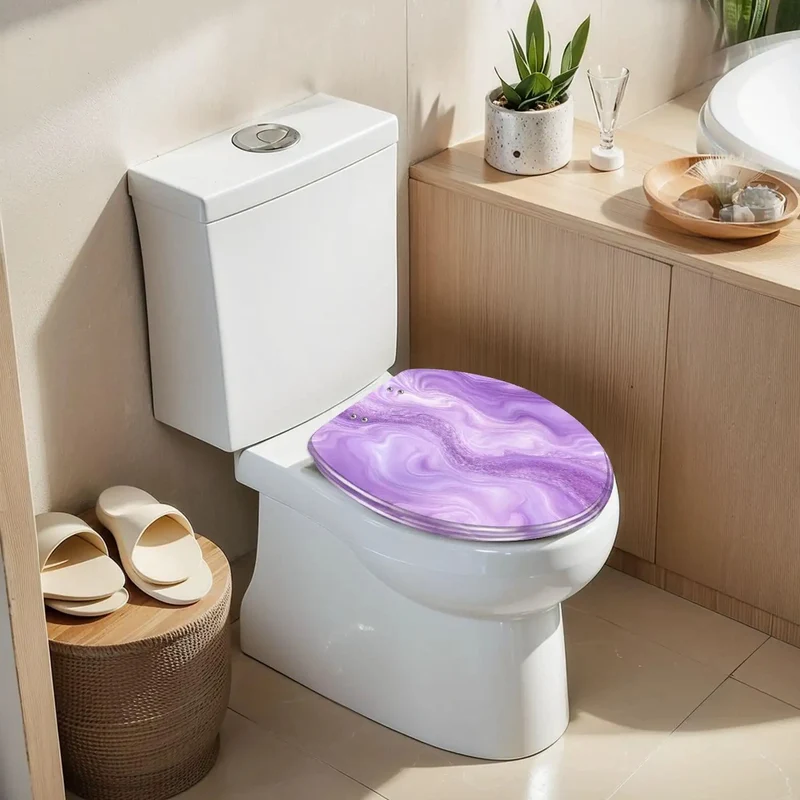 Hella Sturdy Elongated Toilet Seat With Sick Purple Liquid Marble Watercolor Glitter Look And Rugged Resin Body For Quiet Soft Close Action That Truly Holds Up Great
