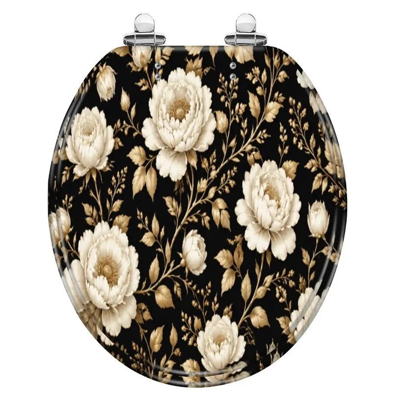 No Fuss Soft Close Round Toilet Seat Featuring Seamless Vintage Gold White Floral Peony Rose Design Durable Resin Hinge For Quiet Gentle Lid Closing And Total Bathroom Glow Ups