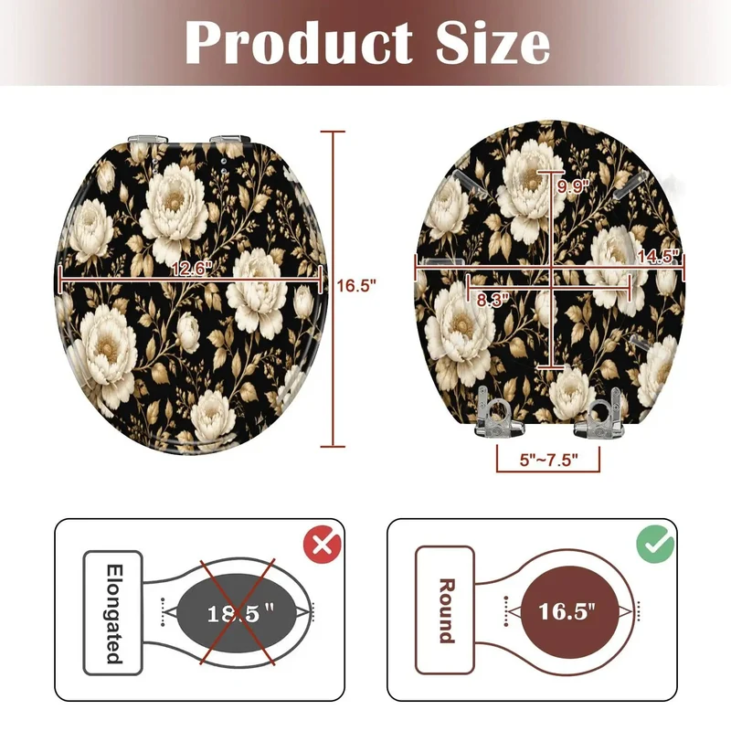 No Fuss Soft Close Round Toilet Seat Featuring Seamless Vintage Gold White Floral Peony Rose Design Durable Resin Hinge For Quiet Gentle Lid Closing And Total Bathroom Glow Ups