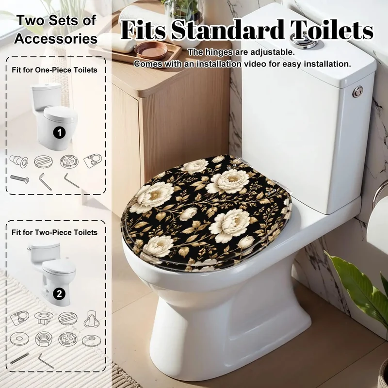 No Fuss Soft Close Round Toilet Seat Featuring Seamless Vintage Gold White Floral Peony Rose Design Durable Resin Hinge For Quiet Gentle Lid Closing And Total Bathroom Glow Ups