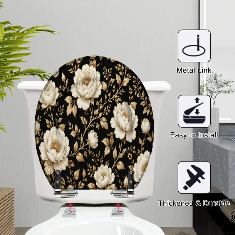 No Fuss Soft Close Round Toilet Seat Featuring Seamless Vintage Gold White Floral Peony Rose Design Durable Resin Hinge For Quiet Gentle Lid Closing And Total Bathroom Glow Ups