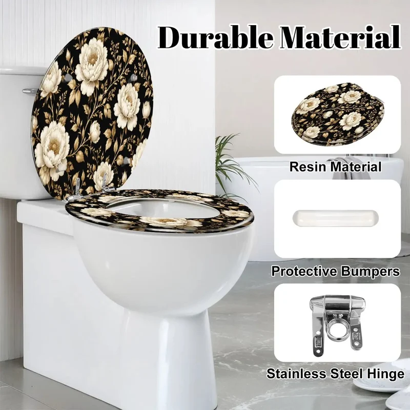 No Fuss Soft Close Round Toilet Seat Featuring Seamless Vintage Gold White Floral Peony Rose Design Durable Resin Hinge For Quiet Gentle Lid Closing And Total Bathroom Glow Ups
