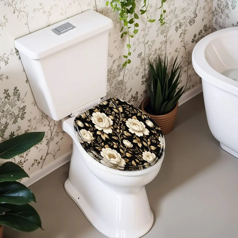 No Fuss Soft Close Round Toilet Seat Featuring Seamless Vintage Gold White Floral Peony Rose Design Durable Resin Hinge For Quiet Gentle Lid Closing And Total Bathroom Glow Ups