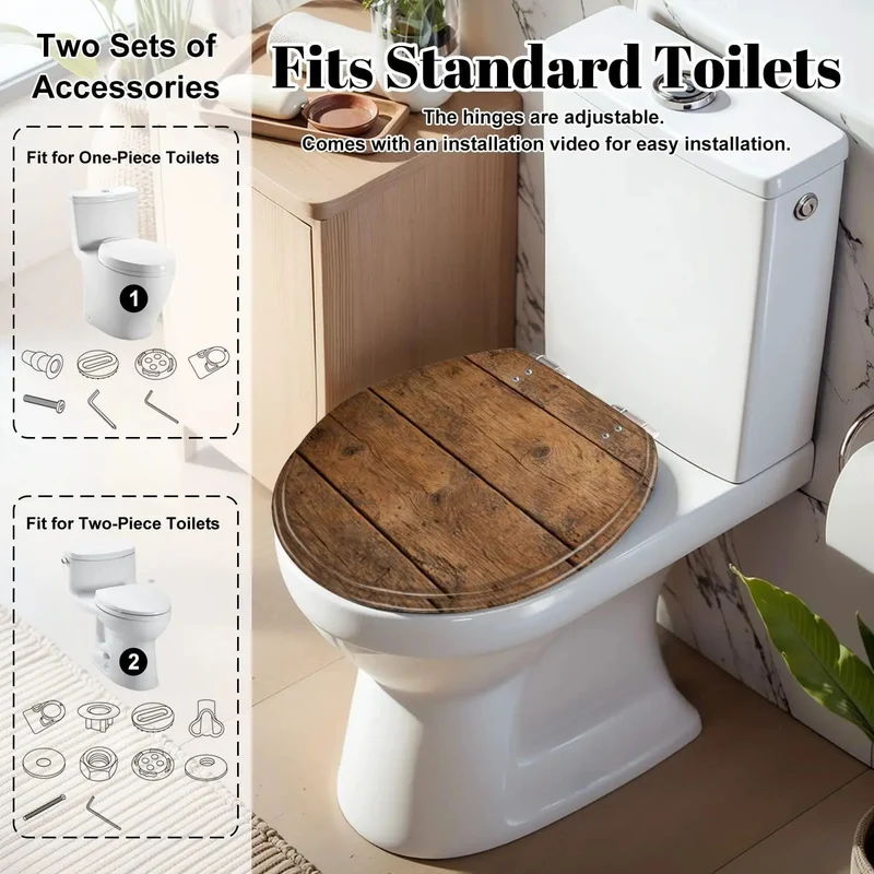 Round Brown Wood Grain Resin Toilet Seat Featuring Rock Solid Soft Close Hinges And Zero Slam Design Smooth Swap For Clunky Old Seats Heavy Duty Build That Truly Kills The Loud Slamming Noise Forever