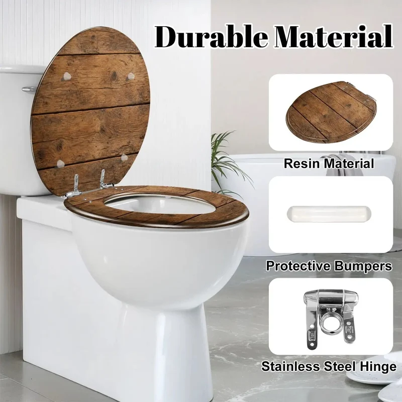 Round Brown Wood Grain Resin Toilet Seat Featuring Rock Solid Soft Close Hinges And Zero Slam Design Smooth Swap For Clunky Old Seats Heavy Duty Build That Truly Kills The Loud Slamming Noise Forever